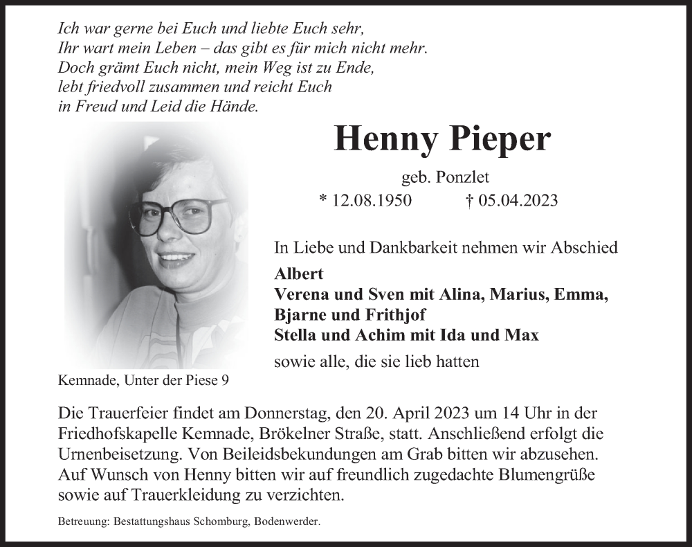  Traueranzeige für Henny Pieper vom 14.04.2023 aus Deister- und Weserzeitung