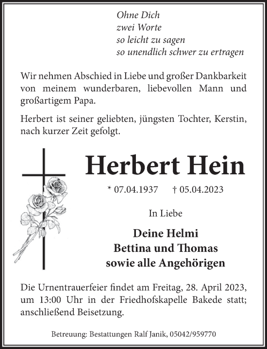 Traueranzeige von Herbert Hein von Neue Deister-Zeitung