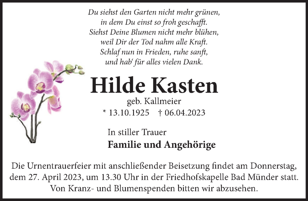  Traueranzeige für Hilde Kasten vom 15.04.2023 aus Neue Deister-Zeitung