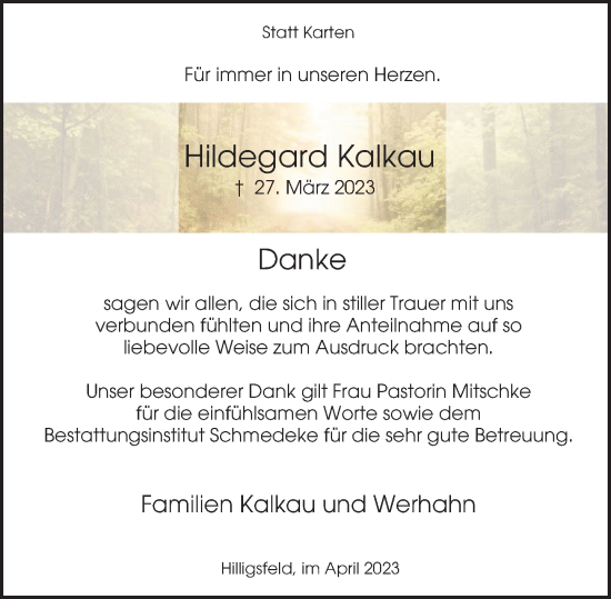 Traueranzeige von Hildegard Kalkau von Deister- und Weserzeitung