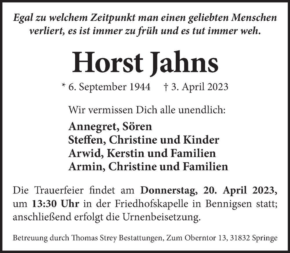  Traueranzeige für Horst Jahns vom 15.04.2023 aus Neue Deister-Zeitung