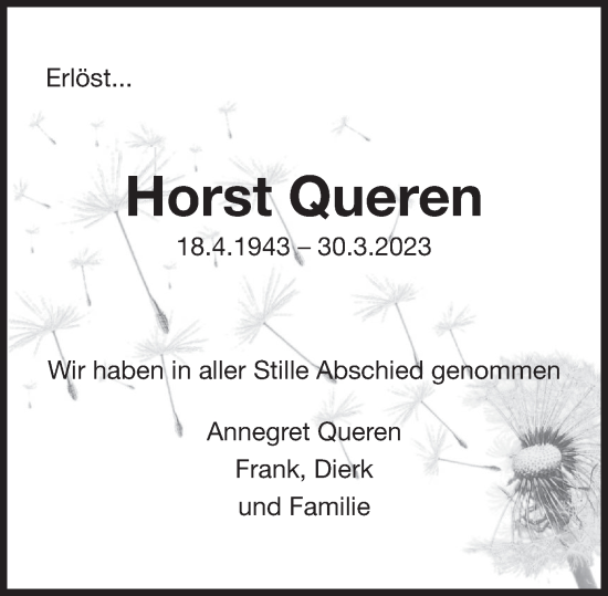 Traueranzeige von Horst Queren von Deister- und Weserzeitung