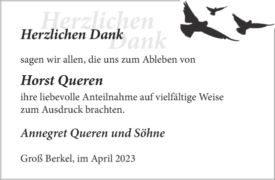 Traueranzeige von Horst Queren von Deister- und Weserzeitung