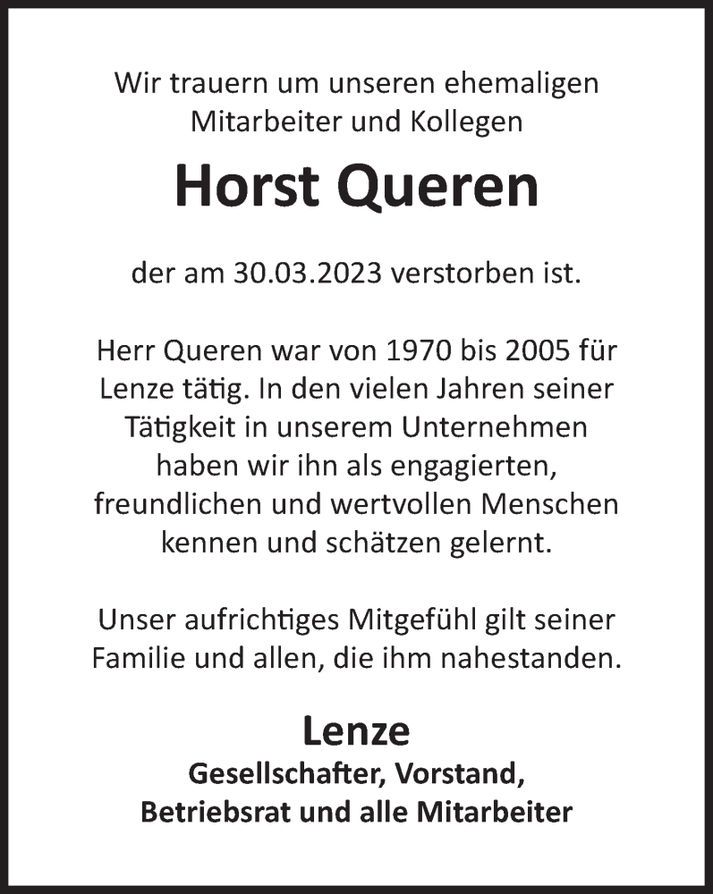  Traueranzeige für Horst Queren vom 22.04.2023 aus Deister- und Weserzeitung