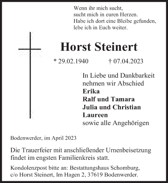 Traueranzeige von Horst Steinert von Deister- und Weserzeitung