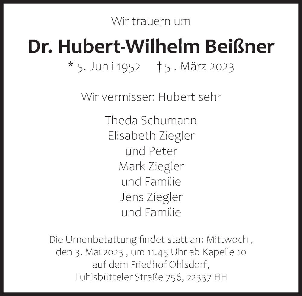  Traueranzeige für Hubert-Wilhelm Beißner vom 28.04.2023 aus Deister- und Weserzeitung