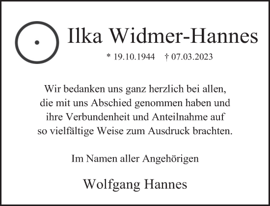 Traueranzeige von Ilka Widmer-Hannes von Deister- und Weserzeitung