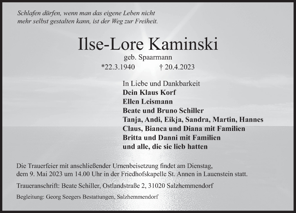  Traueranzeige für Ilse-Lore Kaminski vom 29.04.2023 aus Deister- und Weserzeitung