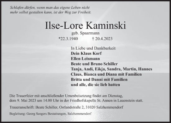 Traueranzeige von Ilse-Lore Kaminski von Deister- und Weserzeitung