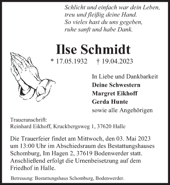 Traueranzeige von Ilse Schmidt von Deister- und Weserzeitung