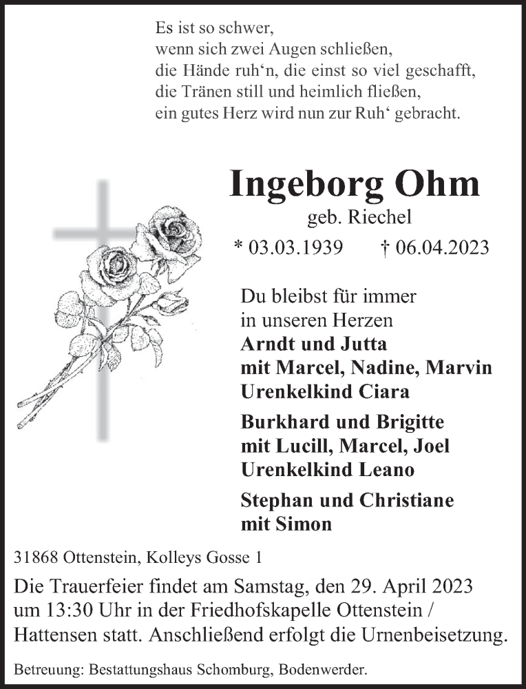  Traueranzeige für Ingeborg Ohm vom 22.04.2023 aus Deister- und Weserzeitung