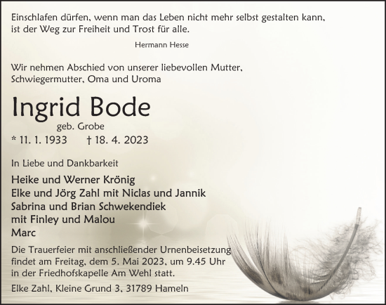 Traueranzeige von Ingrid Bode von Deister- und Weserzeitung