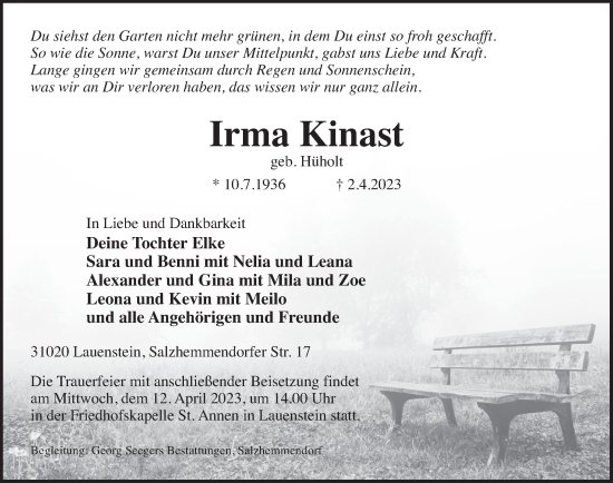 Traueranzeige von Irma Kinast von Deister- und Weserzeitung