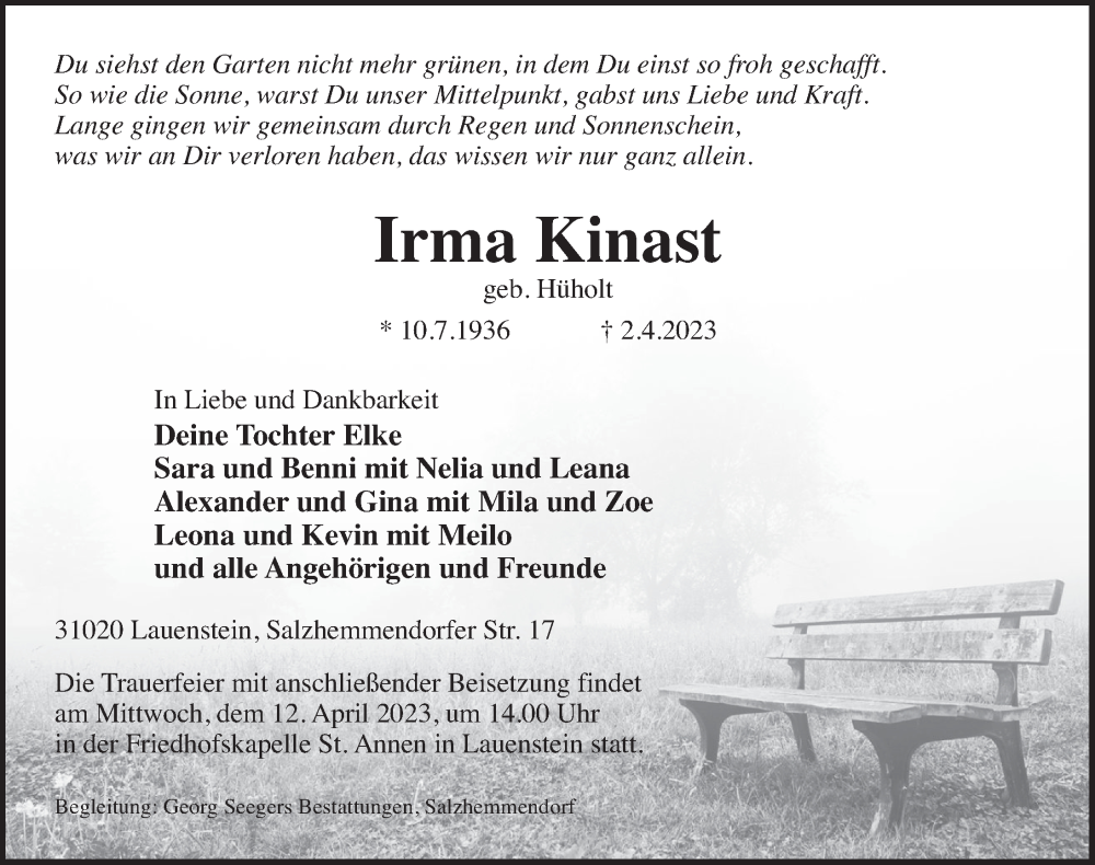  Traueranzeige für Irma Kinast vom 08.04.2023 aus Deister- und Weserzeitung