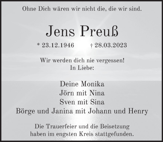 Traueranzeige von Jens Preuß von Neue Deister-Zeitung
