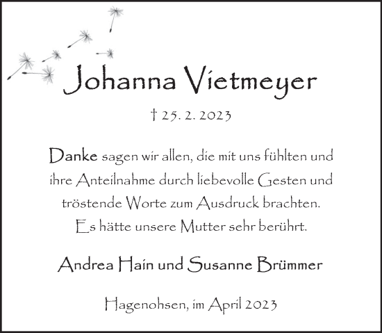 Traueranzeige von Johanna Vietmeyer von Deister- und Weserzeitung