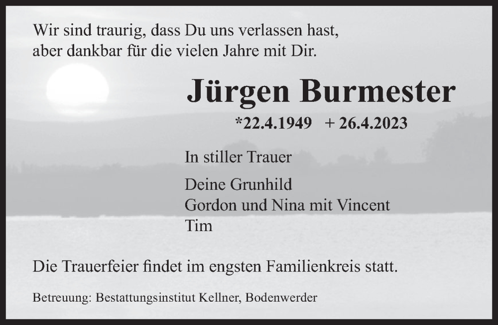  Traueranzeige für Jürgen Burmester vom 29.04.2023 aus Deister- und Weserzeitung