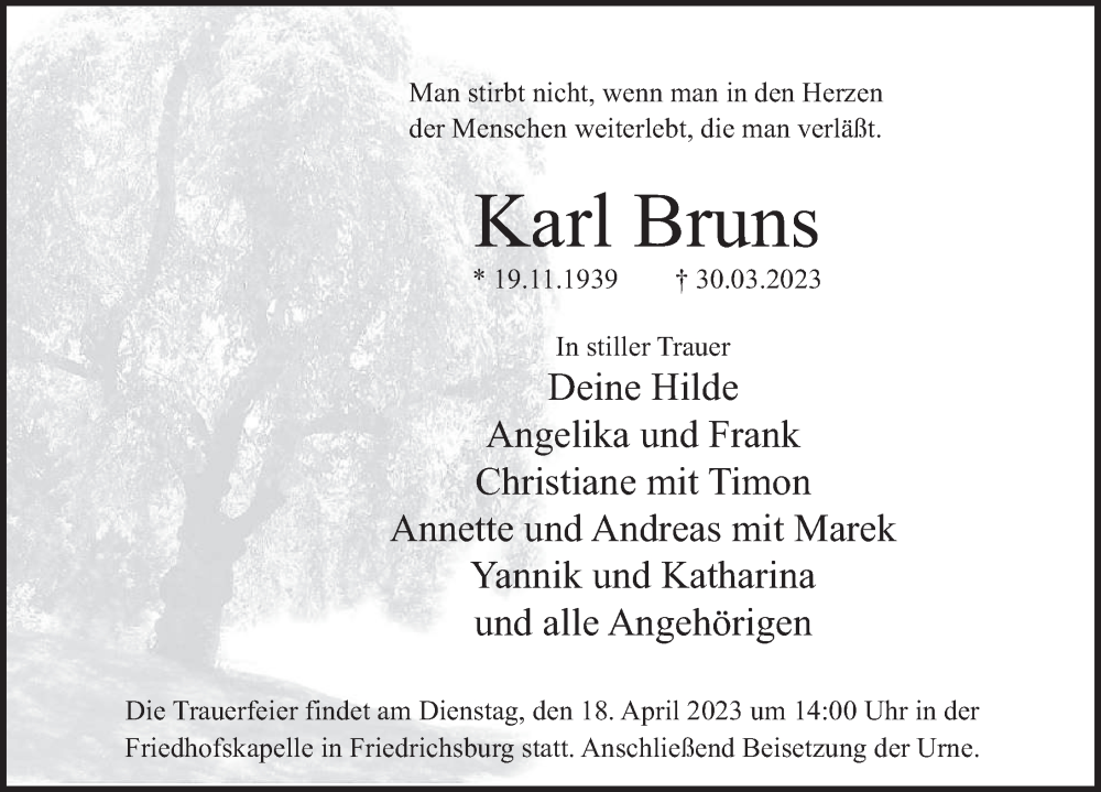  Traueranzeige für Karl Bruns vom 08.04.2023 aus Deister- und Weserzeitung