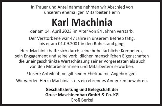 Traueranzeige von Karl Machinia von Deister- und Weserzeitung