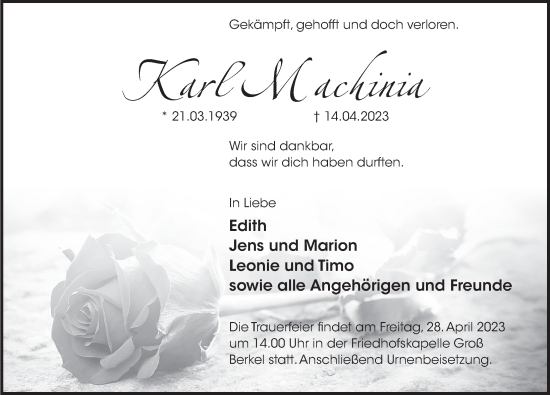 Traueranzeige von Karl Machinia von Deister- und Weserzeitung