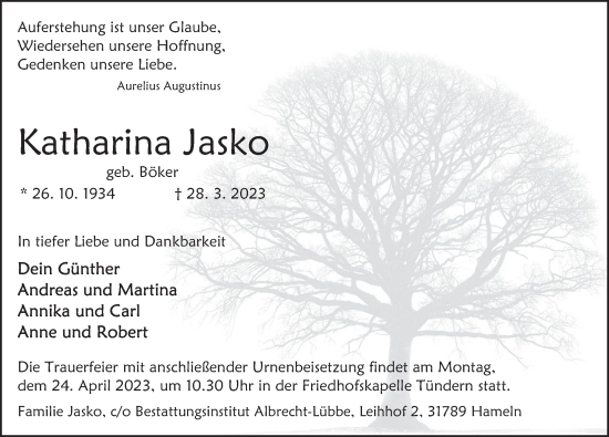 Traueranzeige von Katharina Jasko von Deister- und Weserzeitung