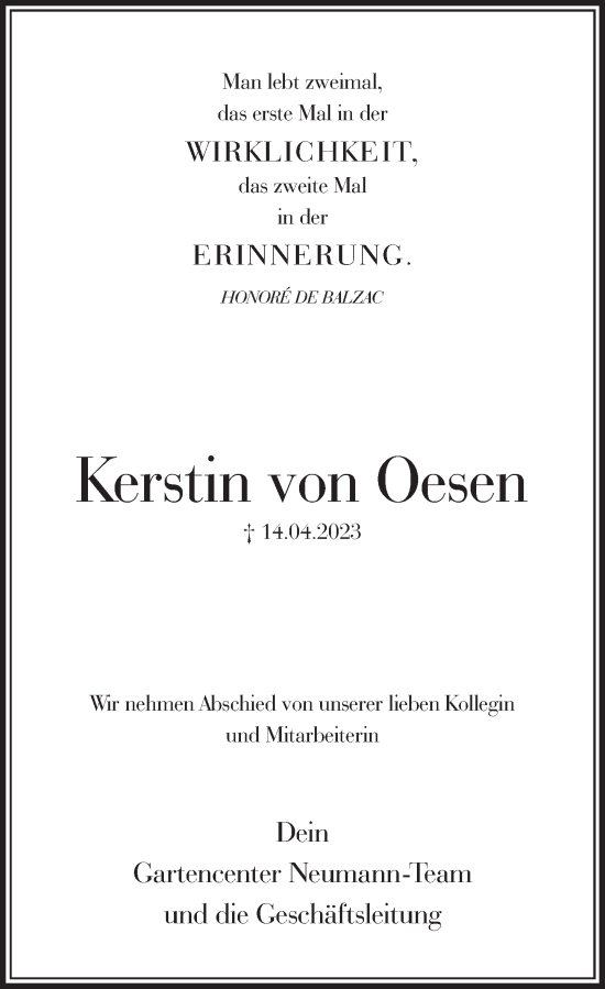 Traueranzeige von Kerstin von Oesen von Deister- und Weserzeitung