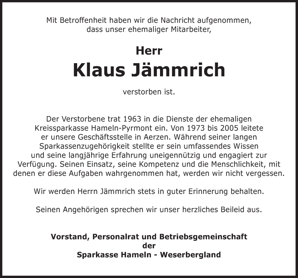  Traueranzeige für Klaus Jämmrich vom 15.04.2023 aus Deister- und Weserzeitung