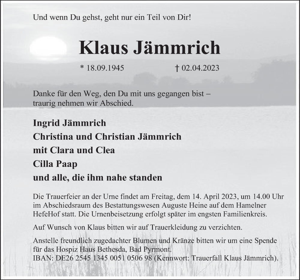  Traueranzeige für Klaus Jämmrich vom 08.04.2023 aus Deister- und Weserzeitung