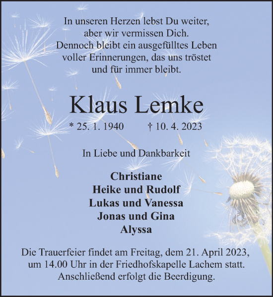 Traueranzeige von Klaus Lemke von Deister- und Weserzeitung