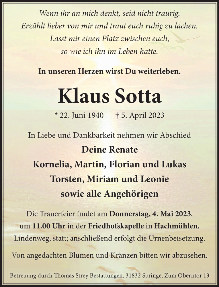  Traueranzeige für Klaus Sotta vom 29.04.2023 aus Neue Deister-Zeitung