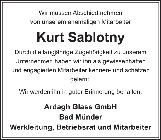 Traueranzeige von Kurt Sablotny von Neue Deister-Zeitung