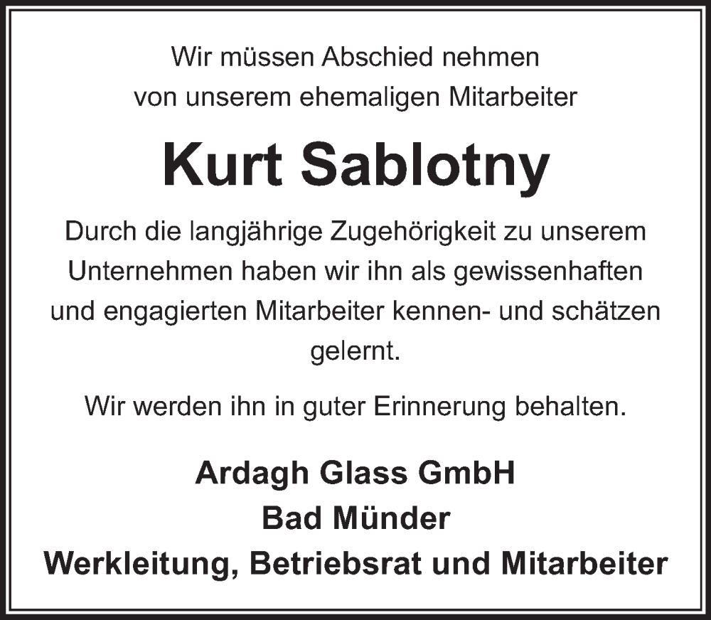 Traueranzeige für Kurt Sablotny vom 13.04.2023 aus Neue Deister-Zeitung