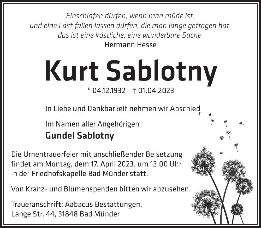  Traueranzeige für Kurt Sablotny vom 08.04.2023 aus Neue Deister-Zeitung