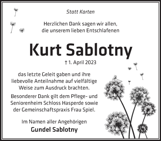 Traueranzeige von Kurt Sablotny von Neue Deister-Zeitung