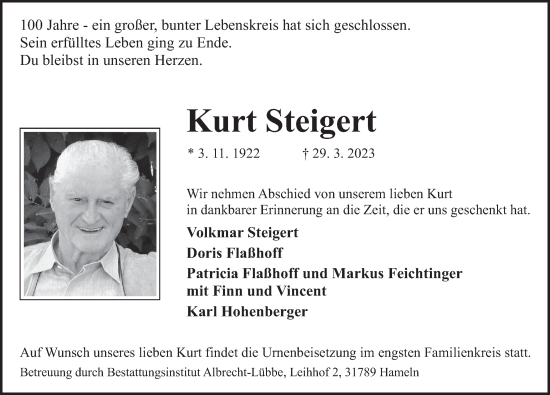 Traueranzeige von Kurt Steigert von Deister- und Weserzeitung