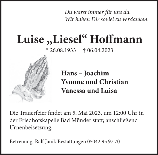 Traueranzeige von Luise Hoffmann von Neue Deister-Zeitung