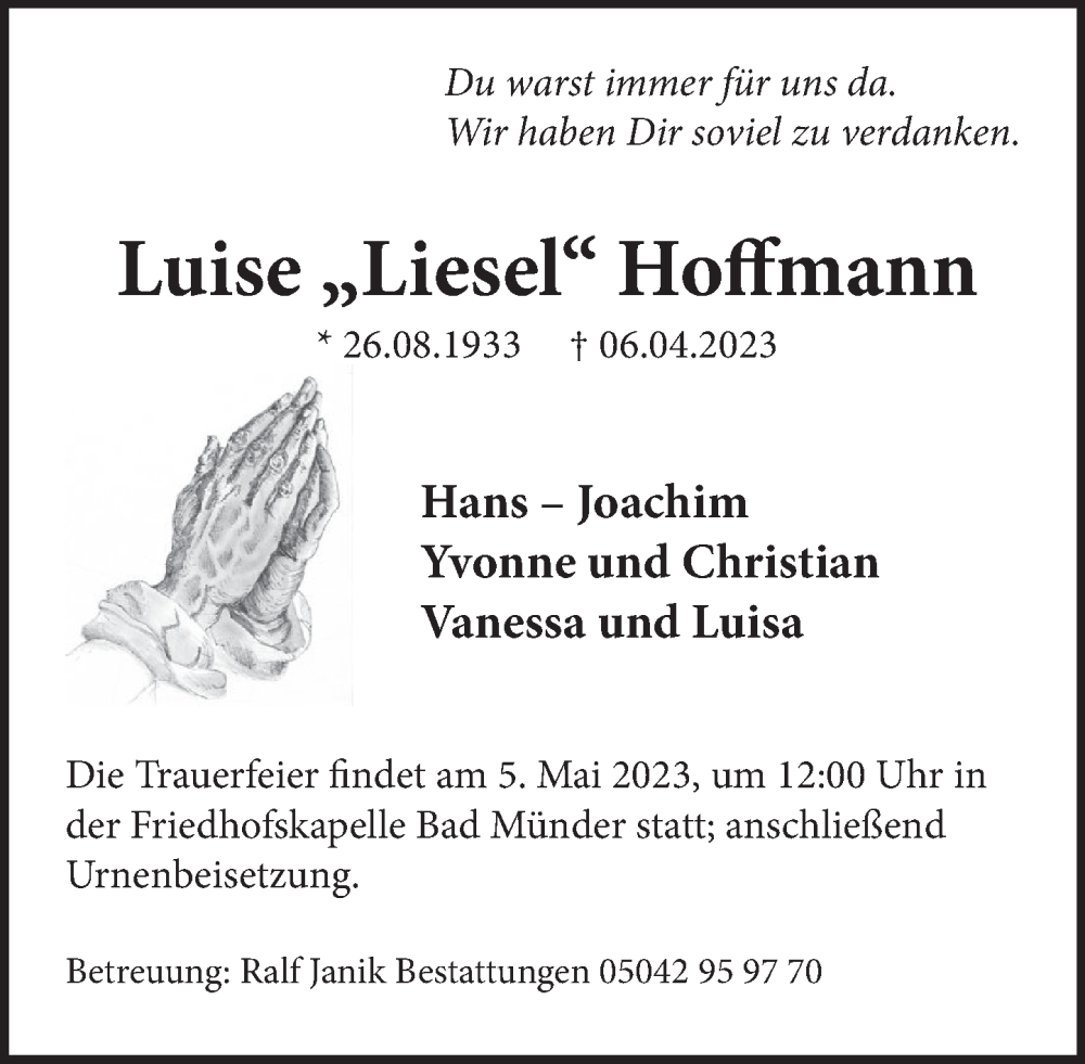  Traueranzeige für Luise Hoffmann vom 29.04.2023 aus Neue Deister-Zeitung