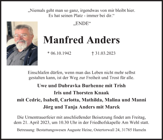 Traueranzeige von Manfred Anders von Deister- und Weserzeitung