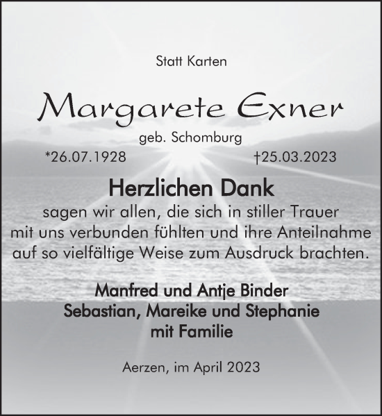 Traueranzeige von Margarete Exner von Deister- und Weserzeitung