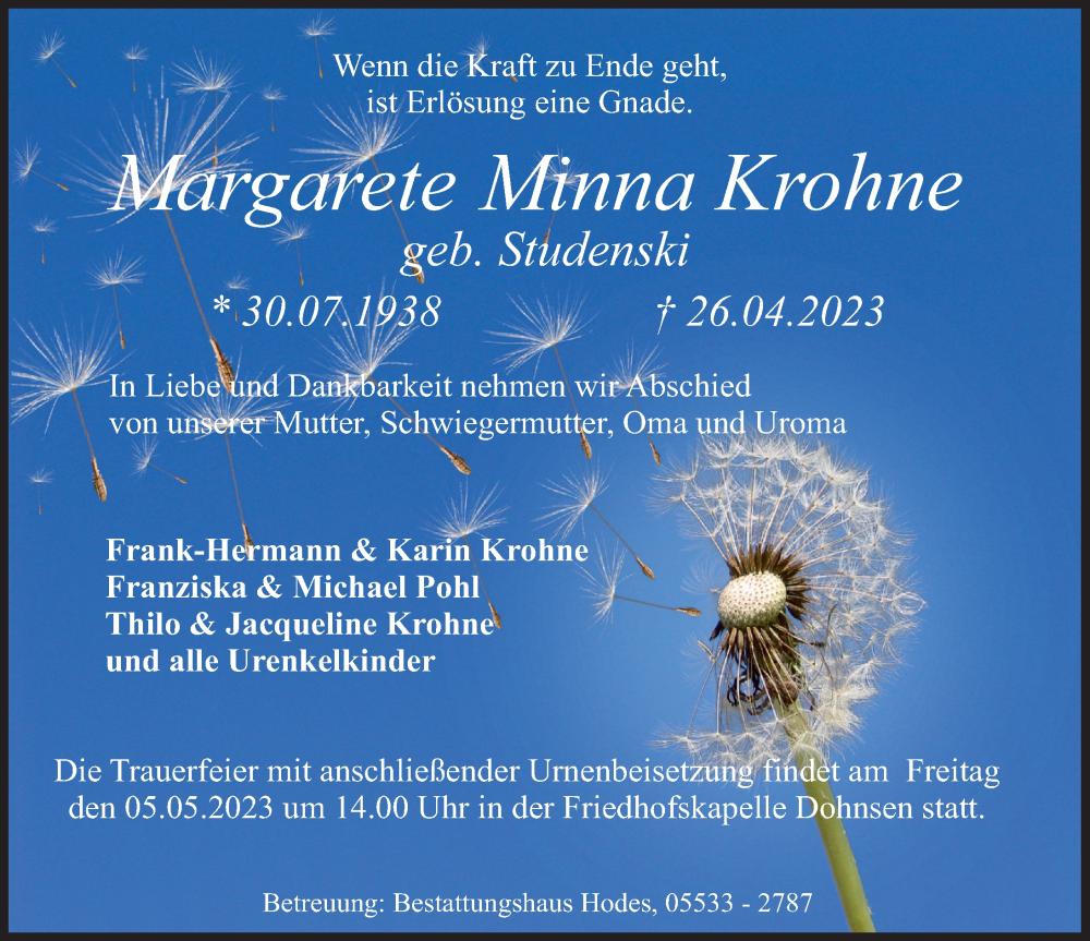  Traueranzeige für Margarete Krohne vom 29.04.2023 aus Deister- und Weserzeitung