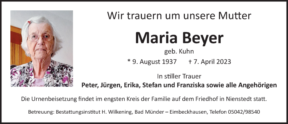  Traueranzeige für Maria Beyer vom 22.04.2023 aus Neue Deister-Zeitung