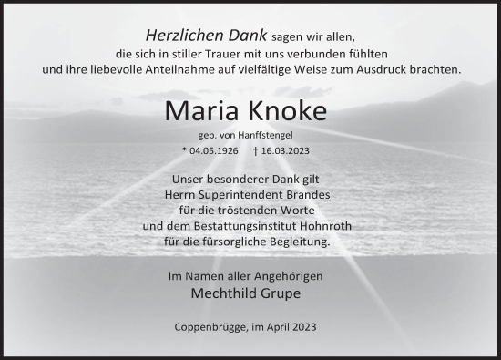 Traueranzeige von Maria Knoke von Deister- und Weserzeitung