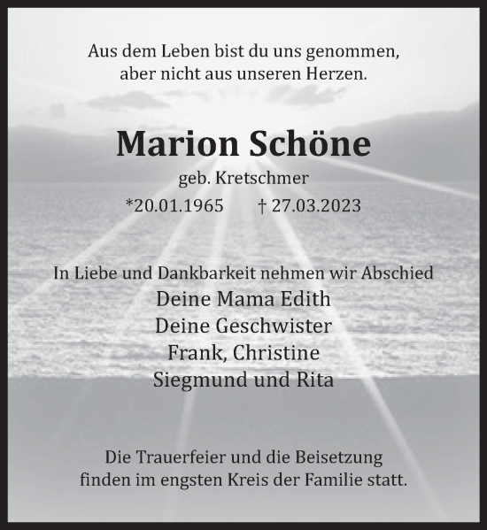 Traueranzeige von Marion Schöne von Deister- und Weserzeitung