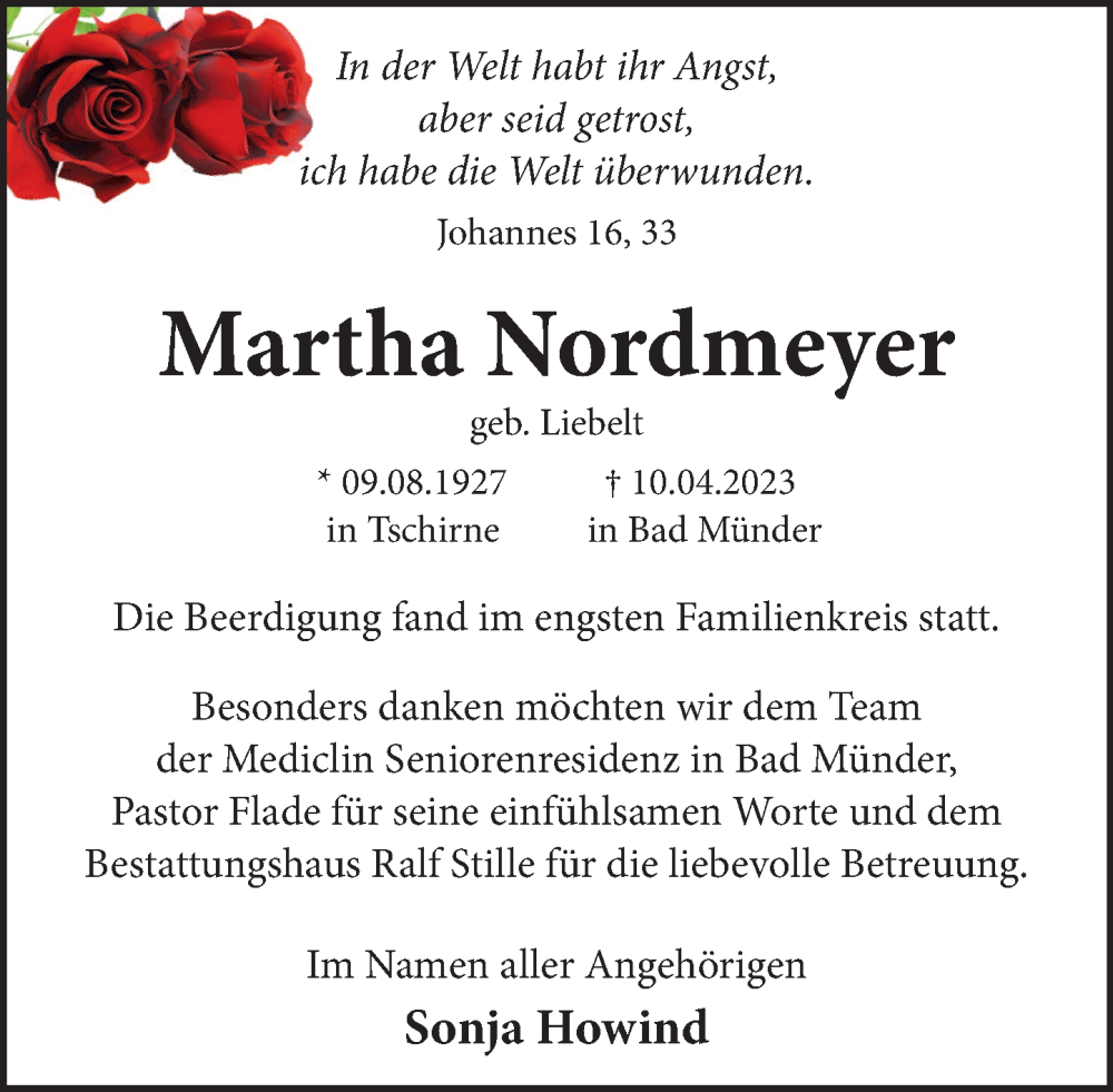  Traueranzeige für Martha Nordmeyer vom 29.04.2023 aus Neue Deister-Zeitung