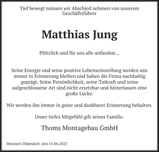 Traueranzeige von Matthias Jung von Deister- und Weserzeitung