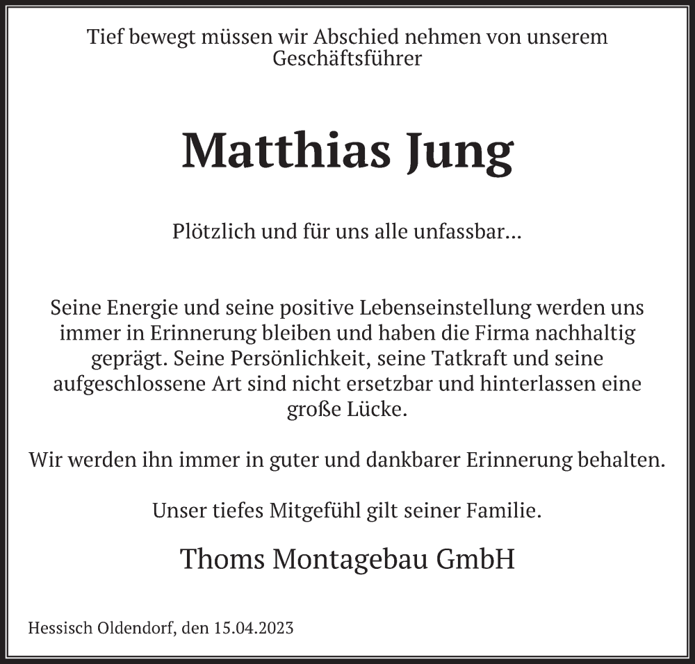  Traueranzeige für Matthias Jung vom 15.04.2023 aus Deister- und Weserzeitung