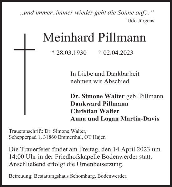 Traueranzeige von Meinhard Pillmann von Deister- und Weserzeitung