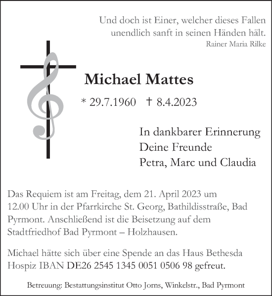 Traueranzeige von Michael Mattes von Deister- und Weserzeitung