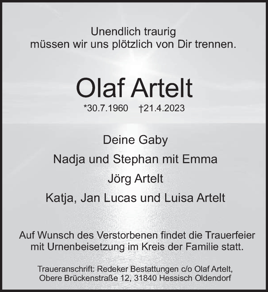  Traueranzeige für Olaf Artelt vom 29.04.2023 aus Deister- und Weserzeitung