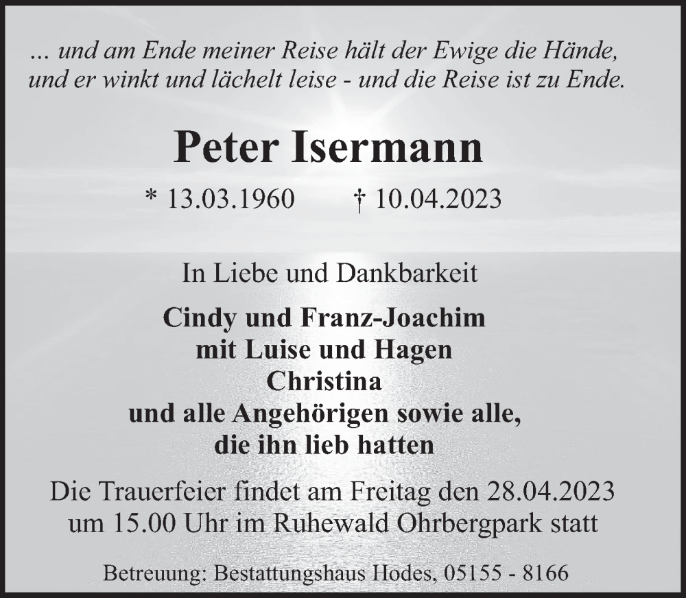  Traueranzeige für Peter Isermann vom 15.04.2023 aus Deister- und Weserzeitung